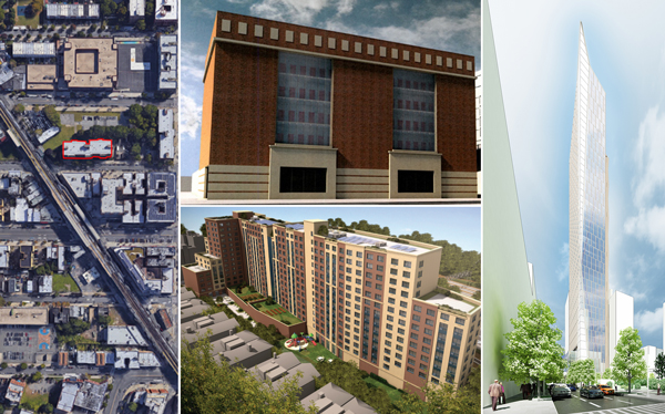 Clockwise from left: 970 Kelly Street in the Bronx, Rendering of 2601 Veterans Road West in Staten Island, 420 Albee Square and 1125 Whitlock Avenue (Credit: Google Maps, KPF and DCP)