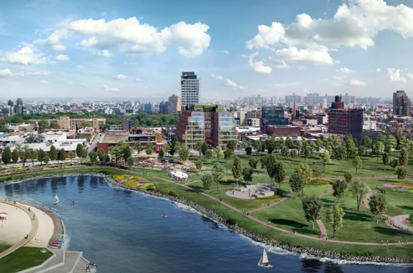 Conceptual rendering of Bushwick Inlet Park with the planned 25 Kent. (Credit: 25 Kent/Steelblue via Curbed)