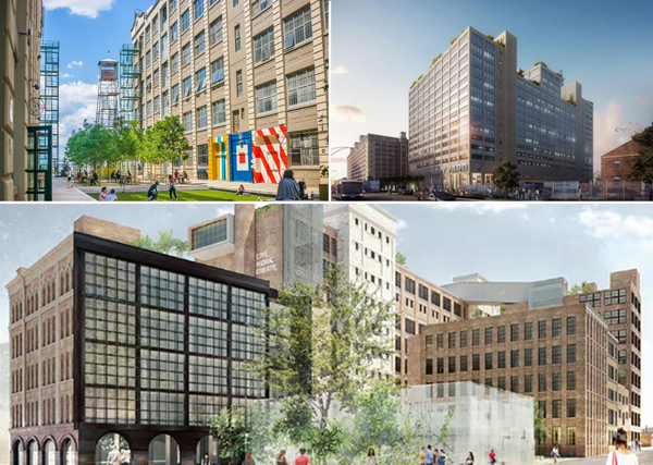 Clockwise from top left: Industry City, Building 77 at the Brooklyn Navy Yard and 47 Hall Street