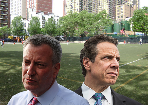 From left: Mayor Bill de Blasio, Gov. Andrew Cuomo and the Marx Brothers Playground (Credit: Getty Images and NYC Parks)