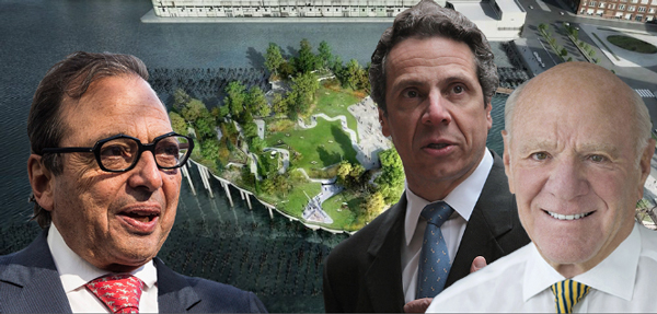 From left: Douglas Durst, a rendering of Pier 55, Governor Andrew Cuomo and Barry Diller (Credit: Getty Images and Pier55/Heatherwick Studio)