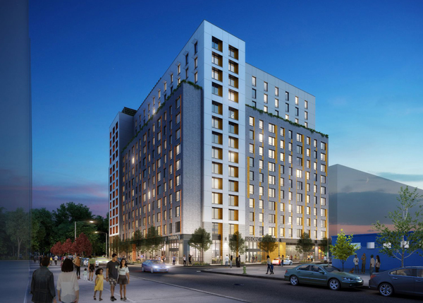 Rendering of the affordable-housing complex along Atlantic Avenue between Dismore Place and Chestnut Street (Credit: Dattner Architects)