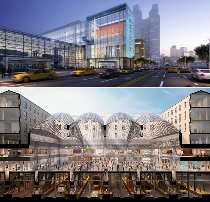 The Jacob K. Javits Convention Center expansion (top) and the Moynihan Station Train Hall