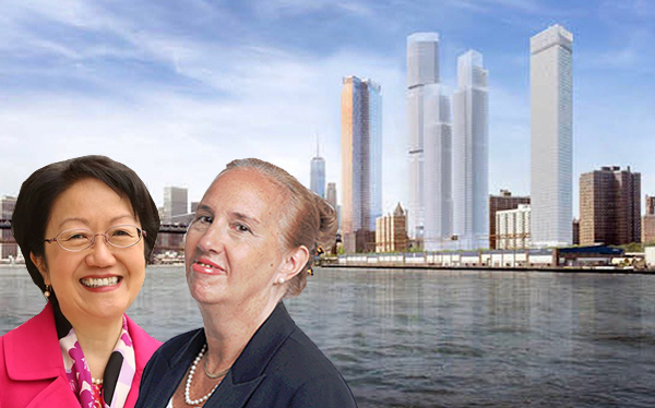 From left: Rendering of the Two Bridges developments, Margaret Chin and Gale Brewer