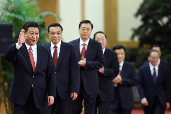 From left: Members of the new Politburo Standing Committee Xi Jinping, Li Keqiang, Zhang Dejiang, Yu Zhengsheng, Liu Yunshan, Wang Qishan and Zhang Gaoli (Credit: Getty Images)