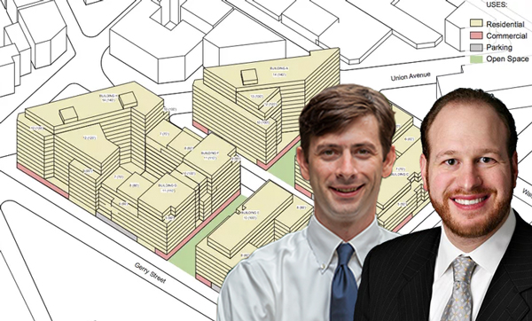 From left: Steve Levin, David Greenfield and the Pfizer site in Williamsburg