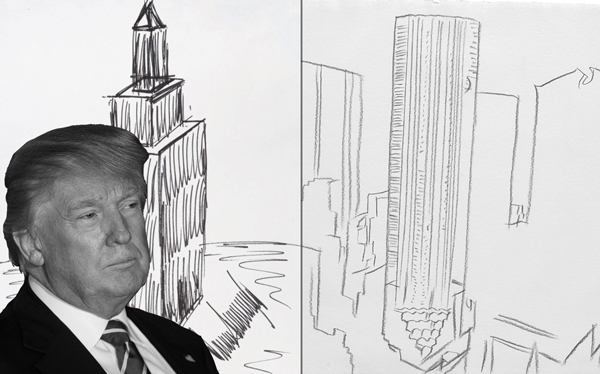 President Trump, his sketch of the Empire State Building and Andy Warhol's drawing of Trump Tower
