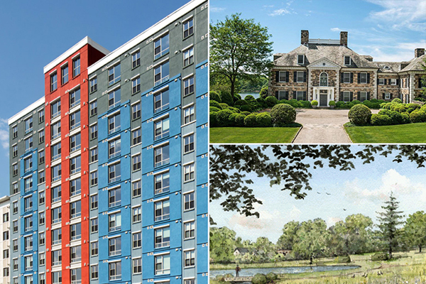Clockwise from left: Metro Green Terrace in downtown Stamford, a $20 million mansion at 116 Oneida Drive in Greenwich and a rendering of the French-American School of New York's nature conservancy, part of its proposed campus for White Plains.