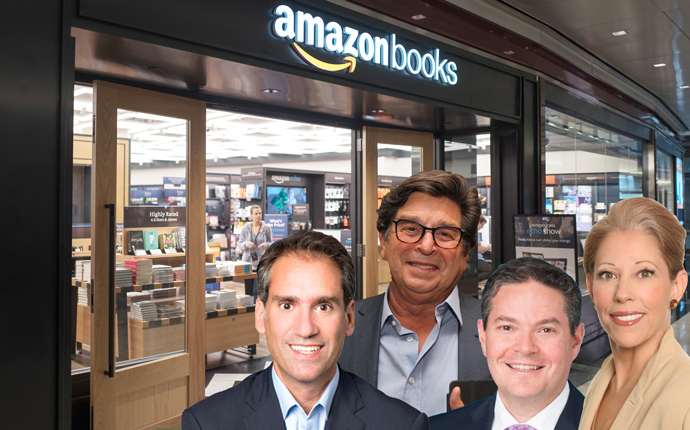 From left: Madison Capital’s Richard Wagman, Colliers’ Brad Mendelson, Brookfield’s Michael Goldban, Eastern Consolidated’s Robin Abrams and Amazon Books in the Time Warner Center (Credit: Getty Images)