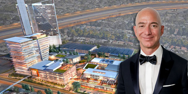 Rendering of proposed redevelopment for the former Orange County Register headquarters, with Jeff Bezos (Gensler via LAT/Getty)