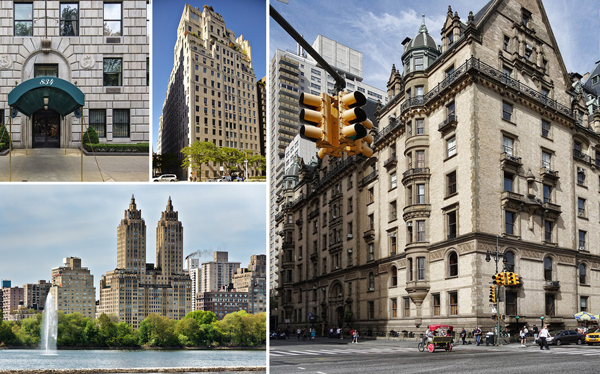 Clockwise from top left: 834 Fifth Avenue, 740 Park Avenue, the Dakota and the San Remo