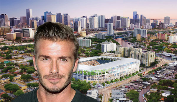 David Beckham and rendering the proposed soccer stadium in Miami (Credit: Miami Beckham United)