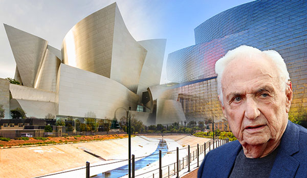 The Los Angeles River and architect Frank Gehry with Walt Disney Concert Hall and Guggenheim Museum Bilbao (Credit: Getty Images)