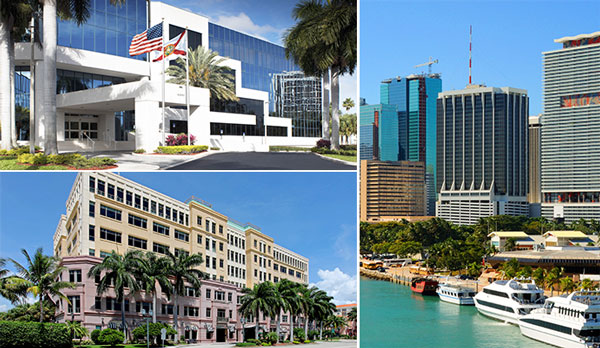 Clockwise from top left: Corporate Centers at the Gardens, One Biscayne Tower, Mizner Park Office Tower (Credit: Cushman &amp; Wakefield)