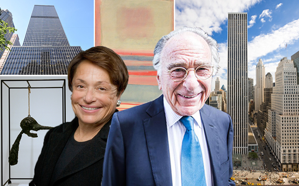 Clockwise from top left: One Dag Hammarskjöld Plaza, "No. 7" by Mark Rothko, the GM Building, Harry and Linda Macklowe and “The Nose” by Alberto Giacometti (Credit: Boston Properties and Emily Assiran)