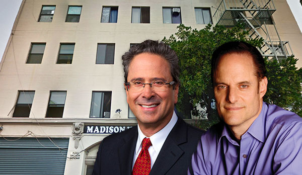 Richard Bloom and Michael Weinstein with the Madison Hotel on skid row (Credit: Google Maps, AIDS Healthcare Foundation)