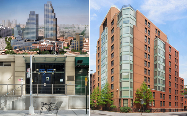 Clockwise from top left: Rending for the Long Island College Hospital redevelopment in Cobble Hill, 97 Columbia Heights and 55 Washington Street in Dumbo