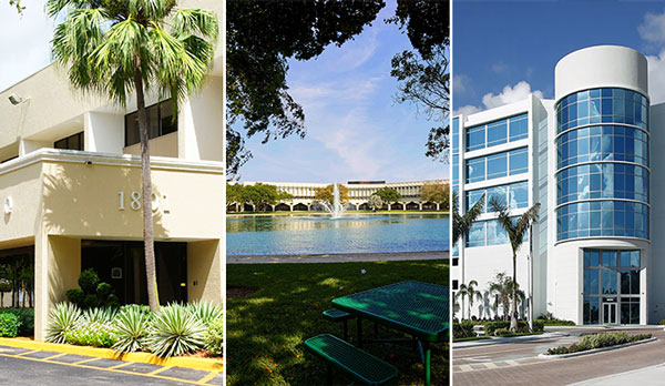 From left: 1801 Building, Boca Raton Innovation Campus, Boca Village Corporate Center (Credit: Colliers International and Cushman &amp; Wakefield)