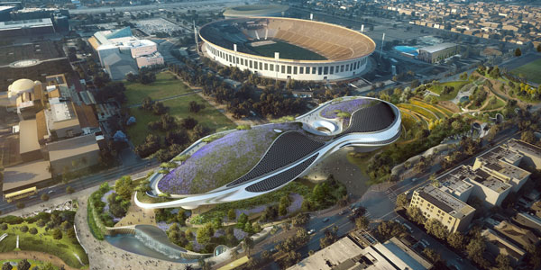 Rendering of Lucas Museum of Narrative Art, with Bank of California stadium at Exposition Park (MAD Architects)