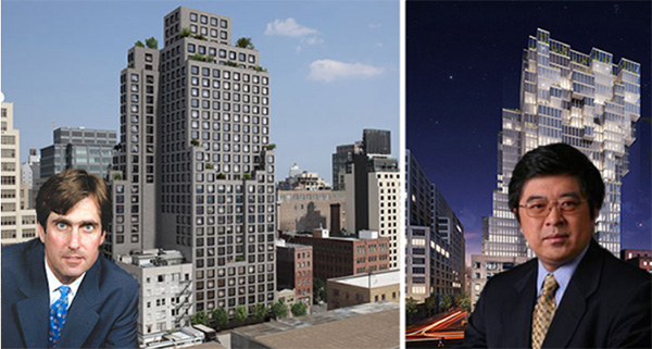 From left: Curtis Bashaw, a current rendering of 537 Greenwich Street, a previous cantilevering design and Ning Yuan