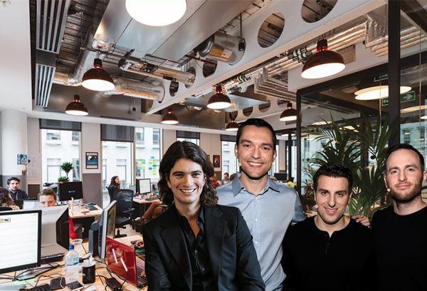 From left: A WeWork space, Adam Neumann, and Airbnb's Nathan Blecharczyk, Brian Chesky and Joe Gebbia