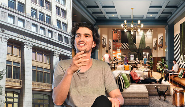 The Security Building in downtown Miami and rendering of the new WeWork with Adam Neumann (Credit: Getty Images)