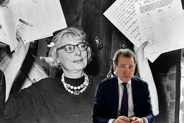 Robert Gladstone CEO of Madison Equities, front; urbanist Jane Jacobs, back (Front photo by Studio Scrivo; back photo: New York World-Telegram and the Sun Newspaper Photograph Collection, Library of Congress)