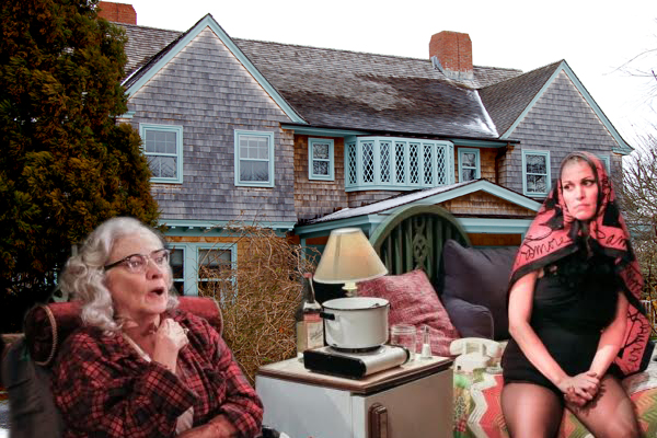 Front photo of Betty Buckley and Rachel York in Grey Gardens play at the Bay Street Theater with photo of the East Hamptons' property behind. (Photo credits: front, Lenny Stucker; back, Taber Andrew Bain)