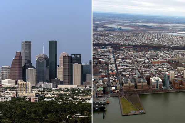 Stone Mountain Properties, founded by Leeshan Birney, owns real estate in New Jersey and Texas. (Credit: left photo, Houston by Pixabay; right photo, Hoboken by D. Ramey Logan/Wikimedia Commons)
