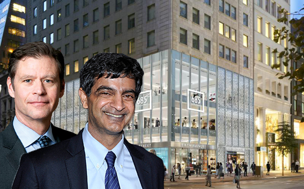 From left: Ric Clark, Sandeep Mathrani and 685 Fifth Avenue (Credit: Getty Images and Thor Equities)