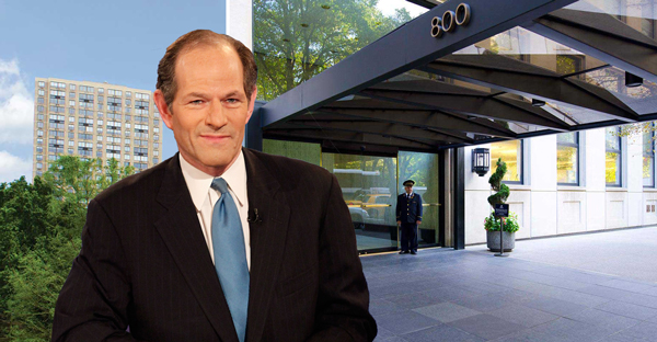 800 Fifth Avenue and Eliot Spitzer (Credit: CityRealty and Getty Images)