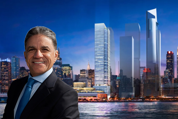 Joe Moinian and a rendering of 3 Hudson Boulevard (Credit: FXFOWLE)