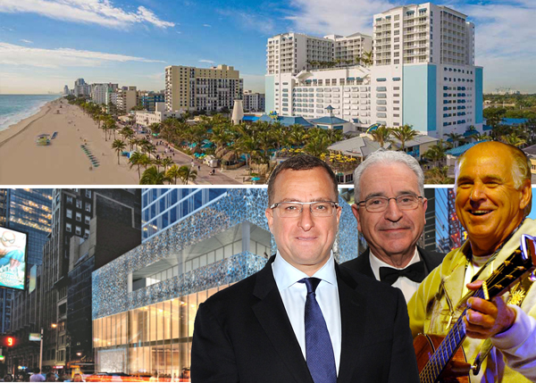 Clockwise from top left: Margaritaville hotel resort in Hollywood, Florida, a previous rendering for the Dream Hotel at 560 Seventh Avenue, Jimmy Buffett, Norman Sturner and Sharif El-Gamal