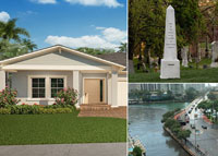 Clockwise from left: A home in Lennar's new Arden development in Wellington, Fl., Green-Wood Cemetery, flooding in Miami.