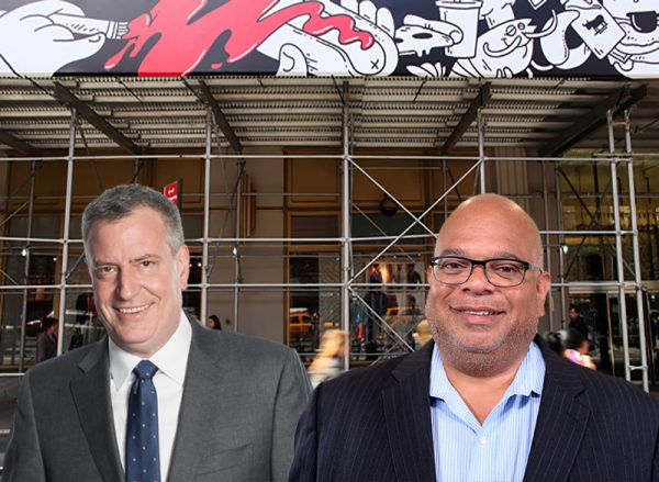 From left: Mayor Bill de Blasio, a sidewalk shed and John Banks (Credit: Getty Images and Jhila Farzaneh for The Real Deal)