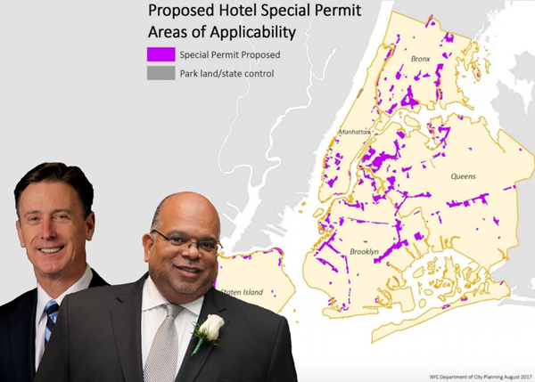 John Banks, Peter Ward and proposed hotel special permit areas of applicability (Credit: City Planning via New York YIMBY, Click to enlarge)