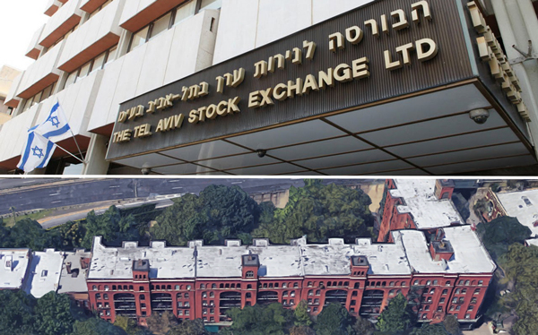 Tel Aviv Stock Exchange and Riverside Apartments at 2-34 Columbia Place (Credit: YouTube and Google Maps)