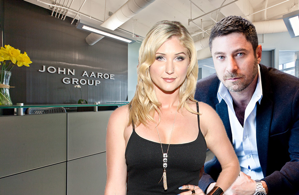 Taylor-Ann Hasselhoff, Aaron Kirman and John Aaroe Group's West Hollywood office (Credit: Getty Image, Twitter and John Aaroe Group)