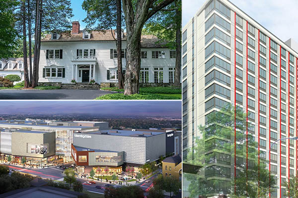 Clockwise from top left: 481 Canoe Hill Road in New Canaan, Continuum in White Plains and a rendering of SoNo Collection mall in South Norwalk.