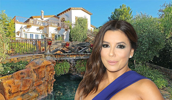 Eva Longoria and the home at 7860 Torreyson Drive in Hollywood Hills (Credit: MLS, Getty Images)