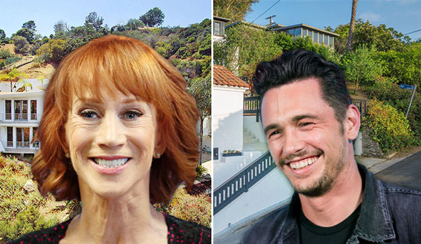 Kathy Griffin and her Hollywood Hills mansion, and James Franco with his Silver Lake duplex (Credit: Getty Images, Hidalgo LA, Coldwell Banker)