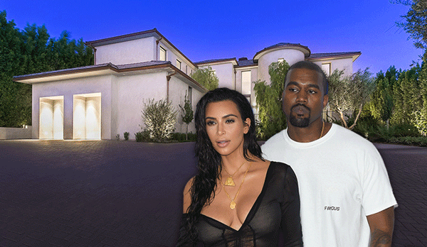 Kim Kardashian and Kanye West with the Bel Air home (Credit: Getty Images, Douglas Elliman)