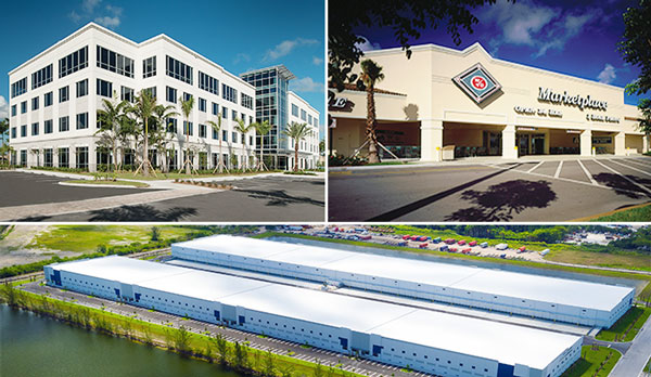 Clockwise from top left: Pembroke Pointe, Winn Dixie at Charleston Square, Miami Industrial Logistics Center (Credit: Cushman &amp; Wakefield, Stiles)