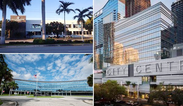 Clockwise from top left: 225 East Dania Beach Boulevard, Two and Three Brickell City Centre, and 1905 Lynn Financial Center (Credit: Swire Properties, Avison Young, Okan International University)