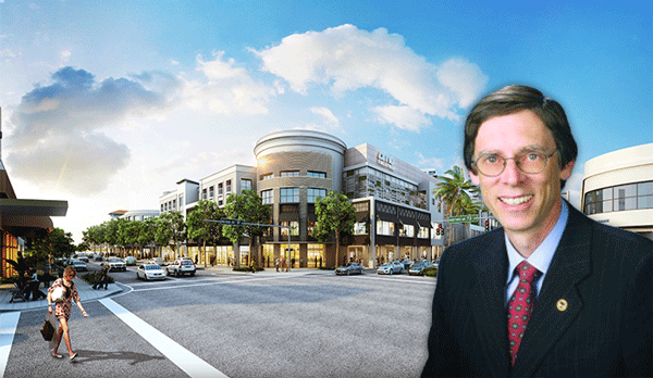 Mayor Philip K. Stoddard with rendering of the Shops at Sunset Place (Credit: Philip K. Stoddard)