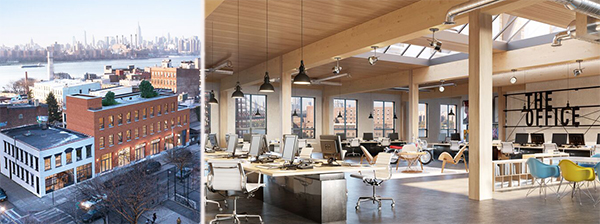 From left: Exterior rendering of 320 Wythe Avenue and the interior of 360 Wythe Avenue