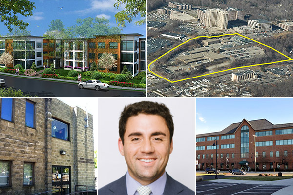 Clockwise from top left: Ginsburg's latest development in Yonkers, mixed-use development proposed in Shelton, renovated offices in Stamford land new tenant, Adam Mahfouda of Oxford Property Group, and the Port Chester Housing Authority.