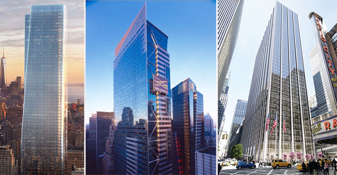 from left: 1 Manhattan West, 7 Times Square and 1271 Sixth Avenue