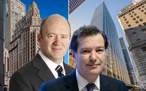 From left: 285 Madison Avenue Deutsche's John Cryan, Natixis' Laurent Mignon and 28 Liberty Street (Credit: RFR, Getty Images and 28 Liberty)