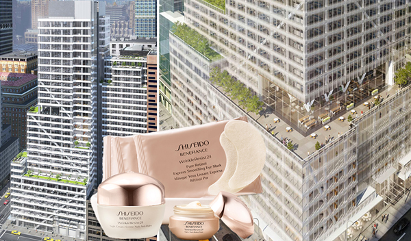 Renderings of 390 Madison Avenue and Shiseido products (Credit: L&amp;L Holding and Shiseido)